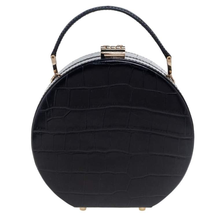 Pre Owned Aspinal Of London Black Croc Embossed Leather Hat Box Shoulder Bag