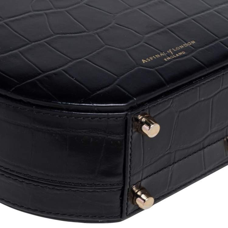 Pre Owned Aspinal Of London Black Croc Embossed Leather Hat Box Shoulder Bag
