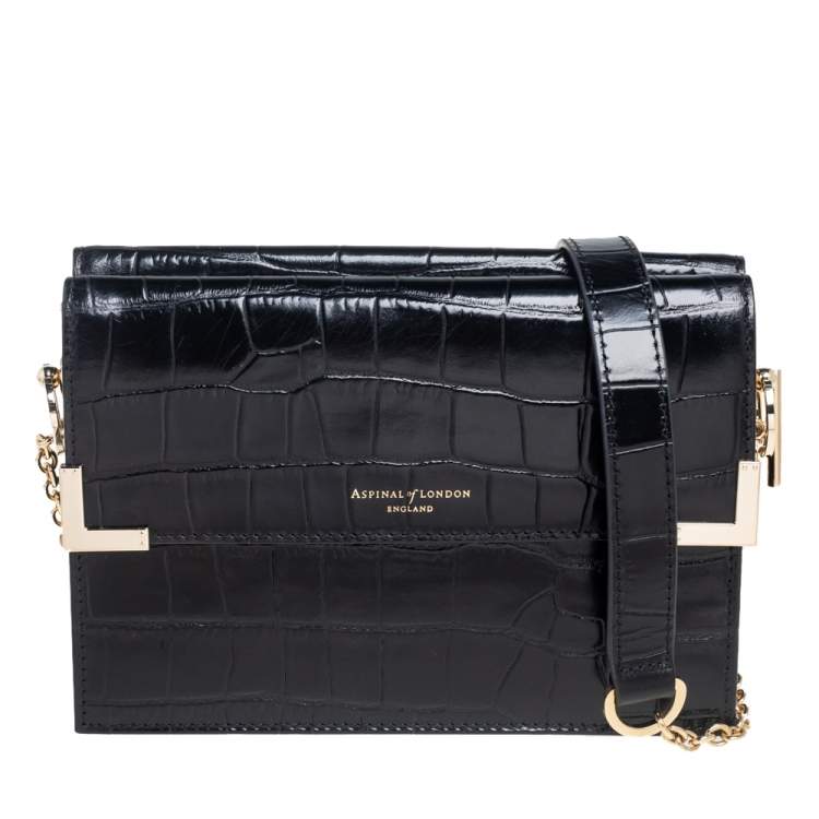 Pre Owned Aspinal Of London Black Croc Embossed Leather Chelsea Shoulder Bag