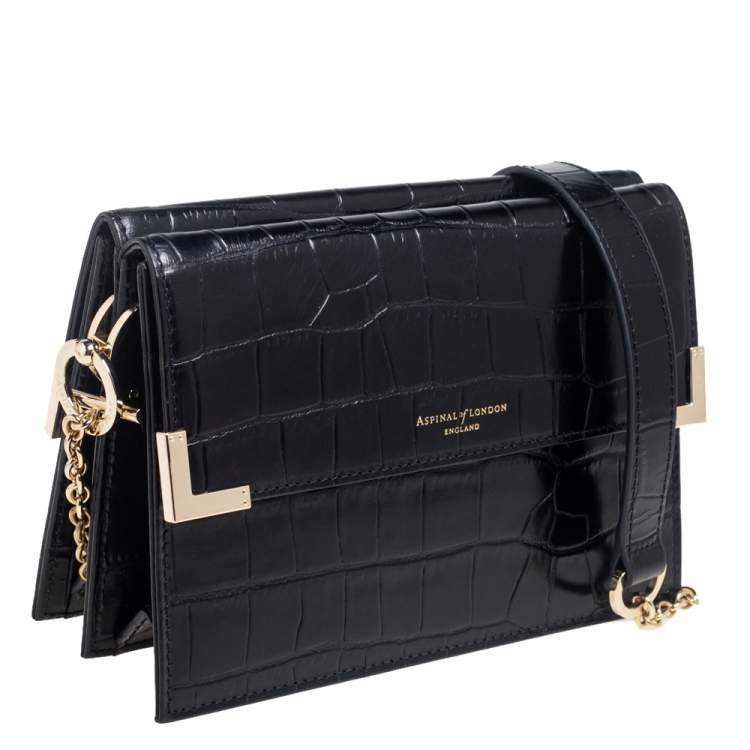 Pre Owned Aspinal Of London Black Croc Embossed Leather Chelsea Shoulder Bag