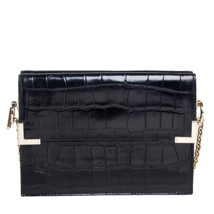 Pre Owned Aspinal Of London Black Croc Embossed Leather Chelsea Shoulder Bag