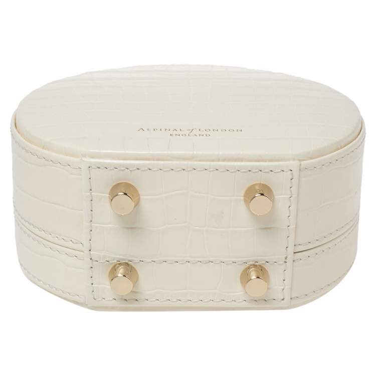 Pre Owned Aspinal Of London Cream Croc Embossed Leather Hat Box Shoulder Bag
