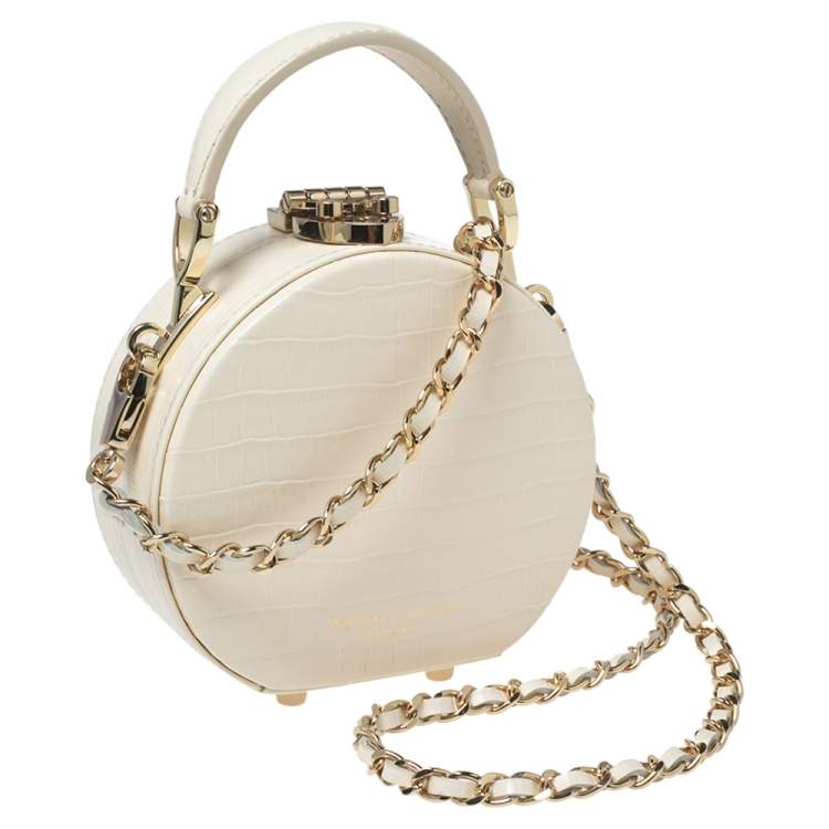 Pre Owned Aspinal Of London Cream Croc Embossed Leather Hat Box Shoulder Bag