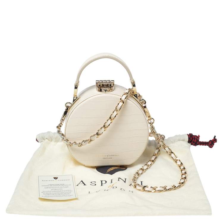 Pre Owned Aspinal Of London Cream Croc Embossed Leather Hat Box Shoulder Bag