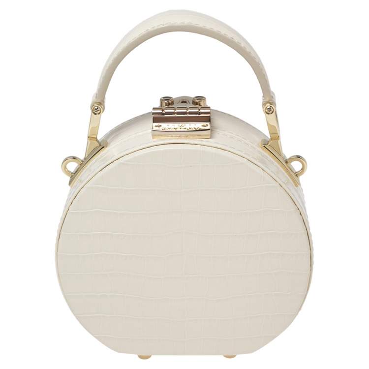 Pre Owned Aspinal Of London Cream Croc Embossed Leather Hat Box Shoulder Bag
