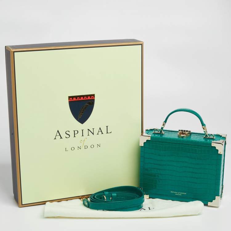 Pre Owned Aspinal Of London Green Croc Embossed Leather Trunk Top Handle Bag