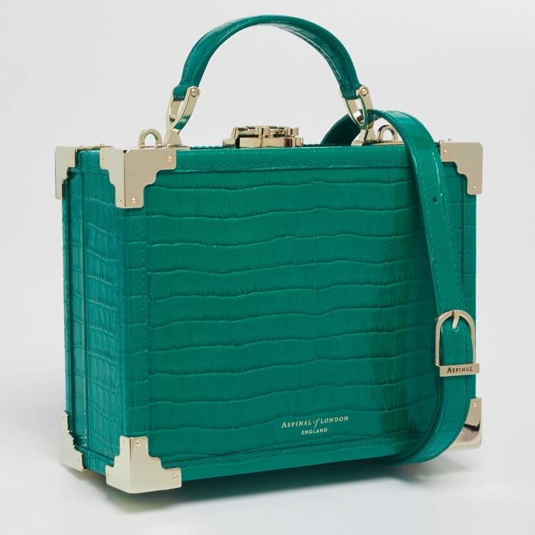 Pre Owned Aspinal Of London Green Croc Embossed Leather Trunk Top Handle Bag