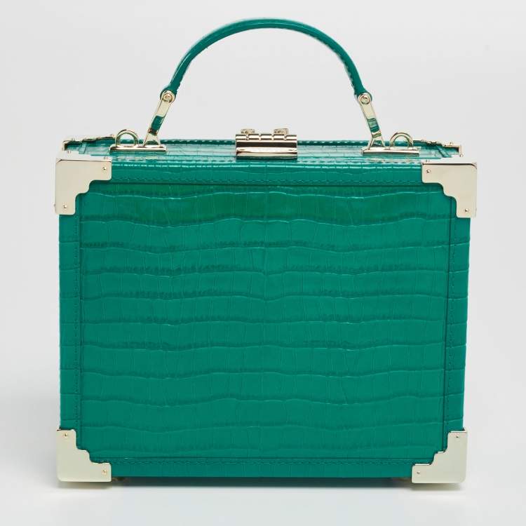 Pre Owned Aspinal Of London Green Croc Embossed Leather Trunk Top Handle Bag