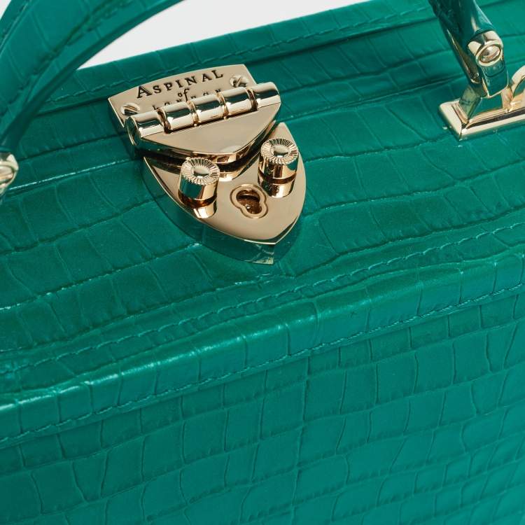 Pre Owned Aspinal Of London Green Croc Embossed Leather Trunk Top Handle Bag