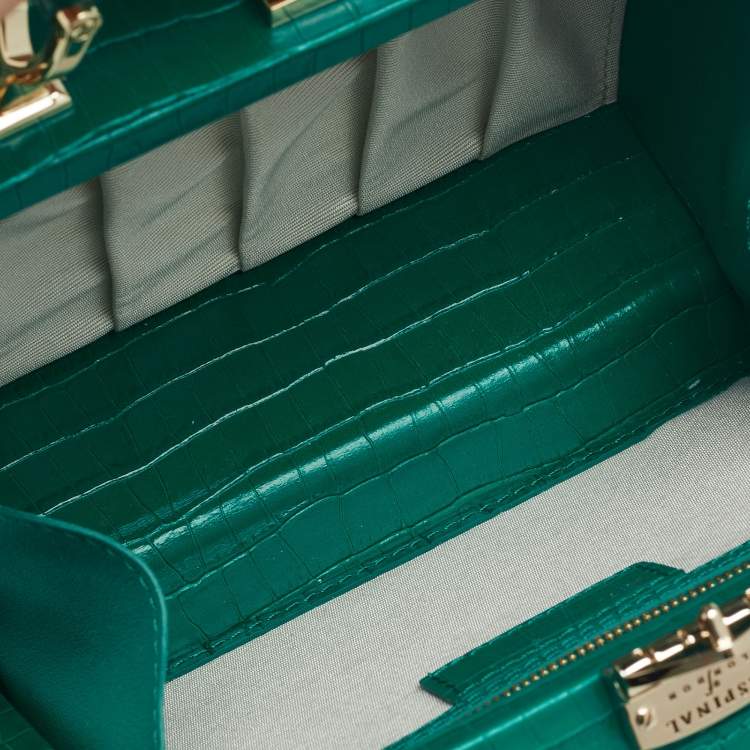 Pre Owned Aspinal Of London Green Croc Embossed Leather Trunk Top Handle Bag