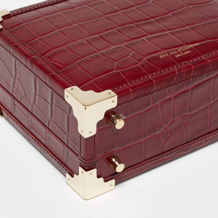 Pre Owned Aspinal of London Red Croc Embossed Leather Mini Trunk Top Handle Bag