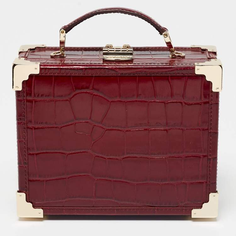 Pre Owned Aspinal of London Red Croc Embossed Leather Mini Trunk Top Handle Bag