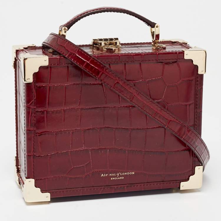 Pre Owned Aspinal of London Red Croc Embossed Leather Mini Trunk Top Handle Bag