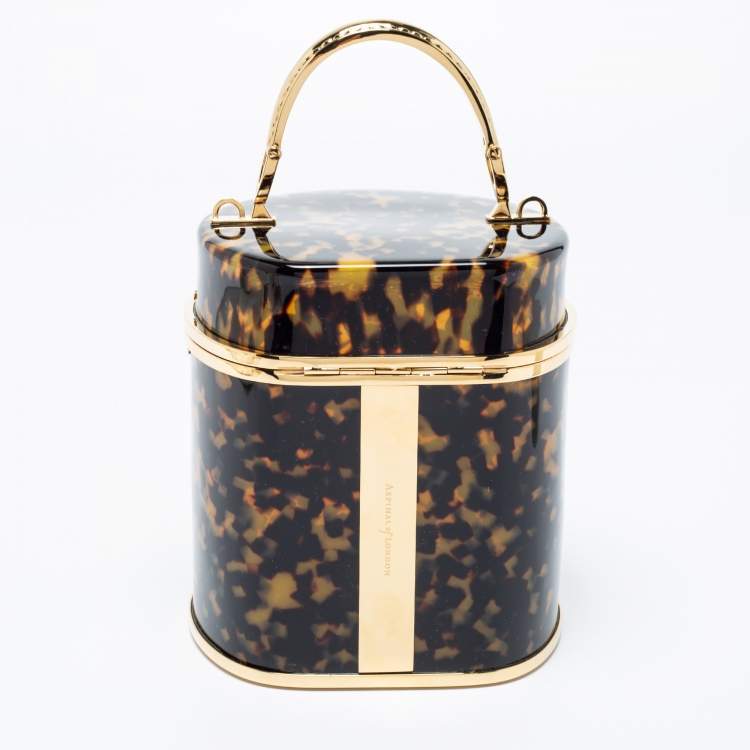Pre Owned Aspinal Of London Gold/Brown Tortoiseshell Plexiglass Pandora Bag