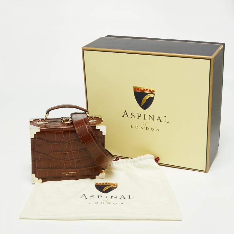 Pre Owned Aspinal of London Brown Croc Embossed Leather Mini Trunk Top Handle Bag