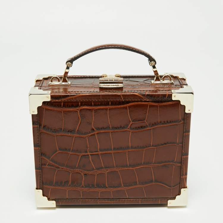 Pre Owned Aspinal of London Brown Croc Embossed Leather Mini Trunk Top Handle Bag