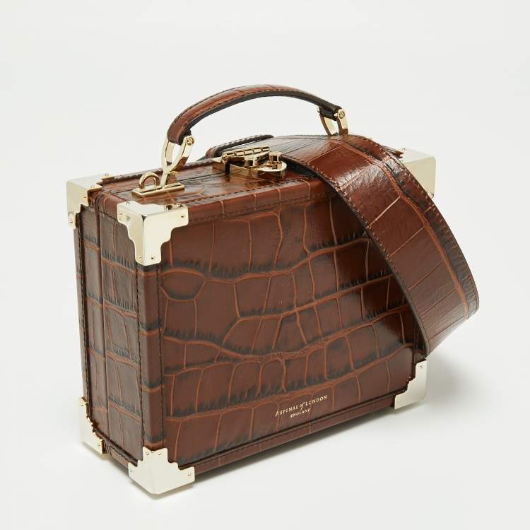 Pre Owned Aspinal of London Brown Croc Embossed Leather Mini Trunk Top Handle Bag