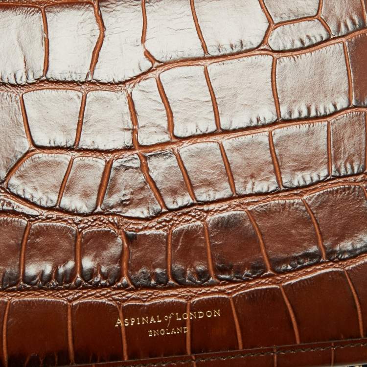 Pre Owned Aspinal of London Brown Croc Embossed Leather Mini Trunk Top Handle Bag