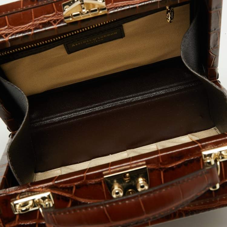 Pre Owned Aspinal of London Brown Croc Embossed Leather Mini Trunk Top Handle Bag