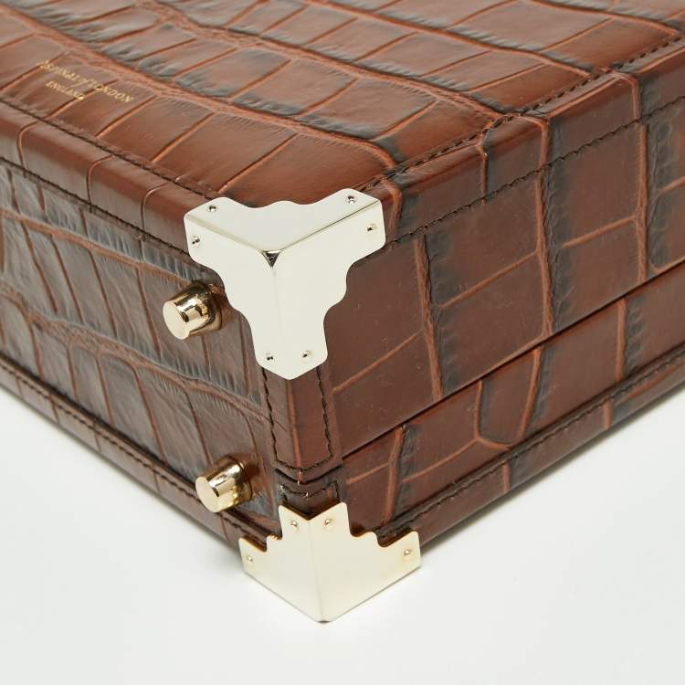 Pre Owned Aspinal of London Brown Croc Embossed Leather Mini Trunk Top Handle Bag