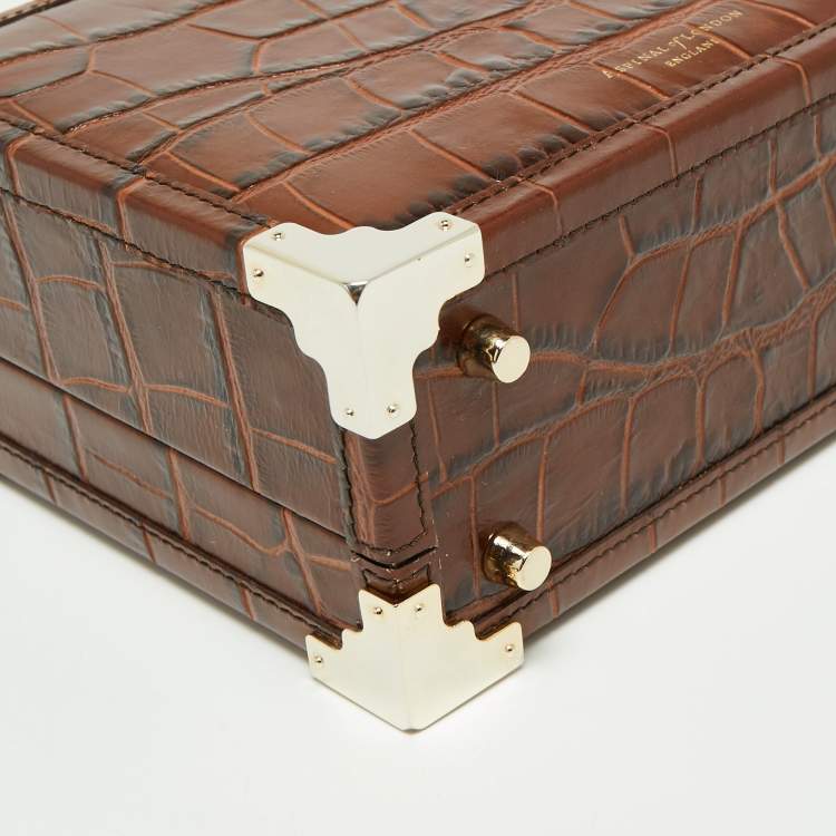 Pre Owned Aspinal of London Brown Croc Embossed Leather Mini Trunk Top Handle Bag
