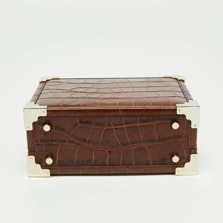 Pre Owned Aspinal of London Brown Croc Embossed Leather Mini Trunk Top Handle Bag