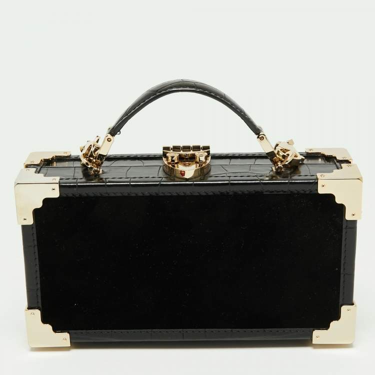 Pre Owned Aspinal Of London Black Velvet and Croc Embossed Leather Lion Trinket Top Handle Bag