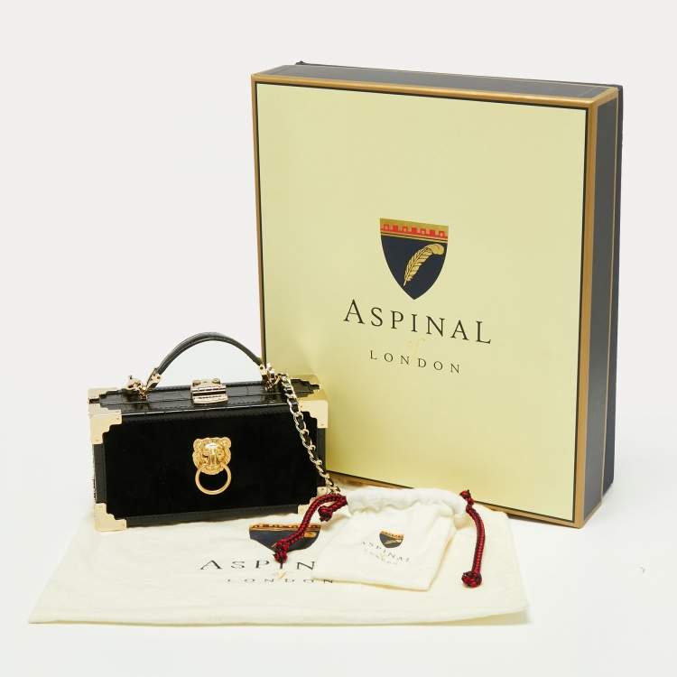 Pre Owned Aspinal Of London Black Velvet and Croc Embossed Leather Lion Trinket Top Handle Bag