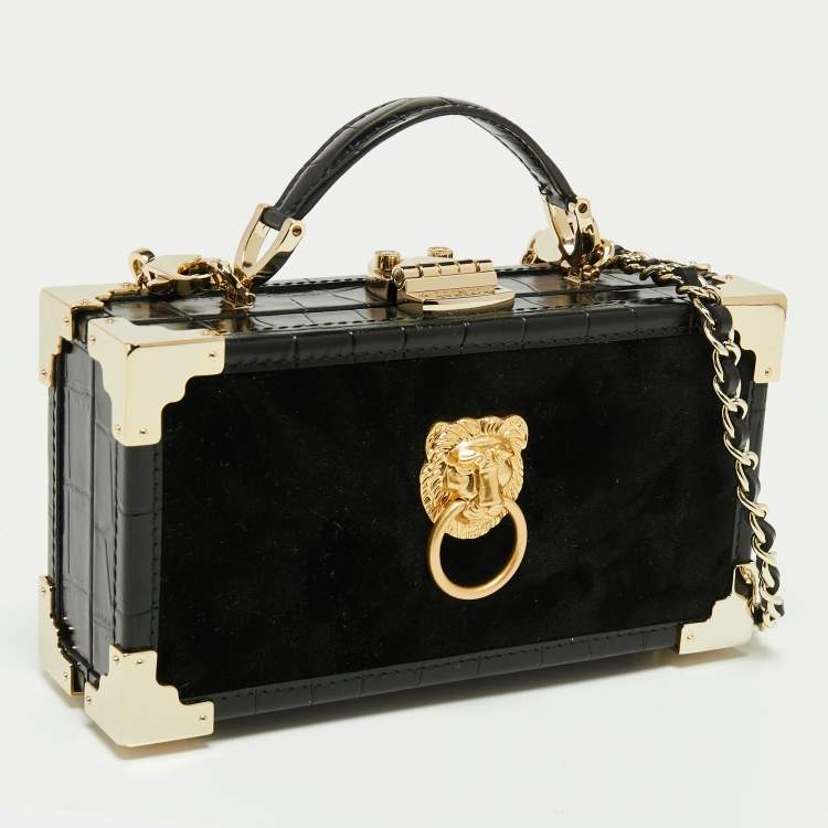 Pre Owned Aspinal Of London Black Velvet and Croc Embossed Leather Lion Trinket Top Handle Bag