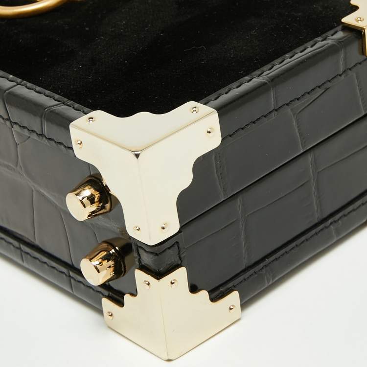 Pre Owned Aspinal Of London Black Velvet and Croc Embossed Leather Lion Trinket Top Handle Bag