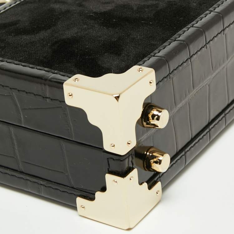 Pre Owned Aspinal Of London Black Velvet and Croc Embossed Leather Lion Trinket Top Handle Bag