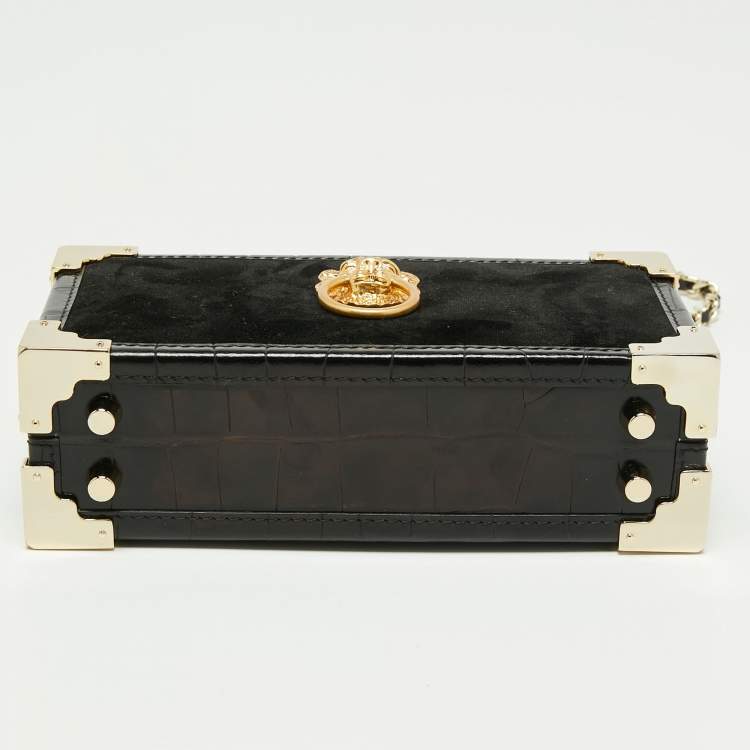 Pre Owned Aspinal Of London Black Velvet and Croc Embossed Leather Lion Trinket Top Handle Bag