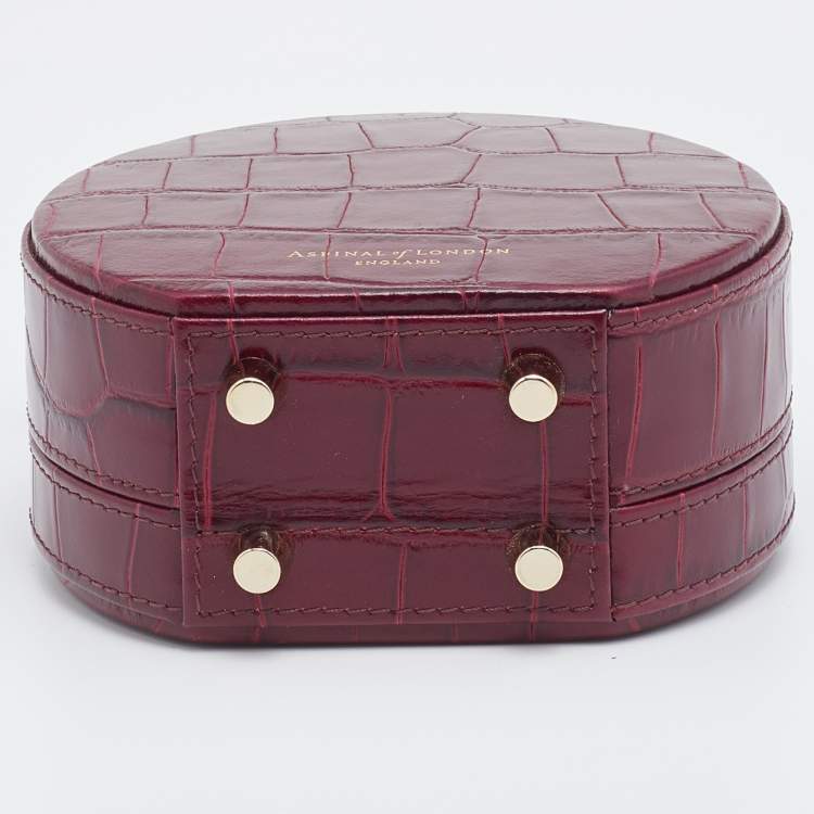 Pre Owned Aspinal Of London Burgundy Croc Embossed Leather Hat Box Shoulder Bag