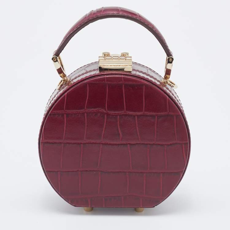 Pre Owned Aspinal Of London Burgundy Croc Embossed Leather Hat Box Shoulder Bag