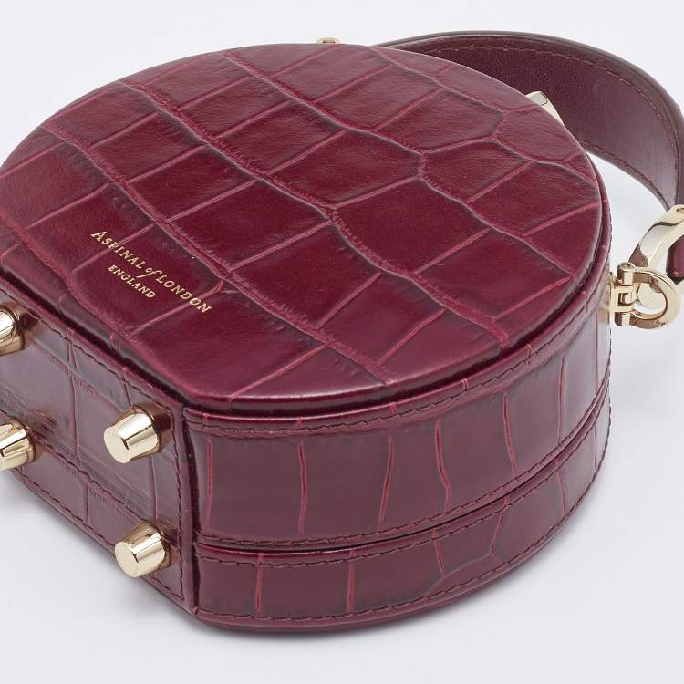 Pre Owned Aspinal Of London Burgundy Croc Embossed Leather Hat Box Shoulder Bag