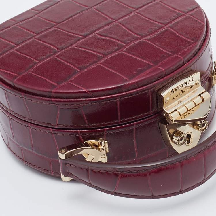 Pre Owned Aspinal Of London Burgundy Croc Embossed Leather Hat Box Shoulder Bag