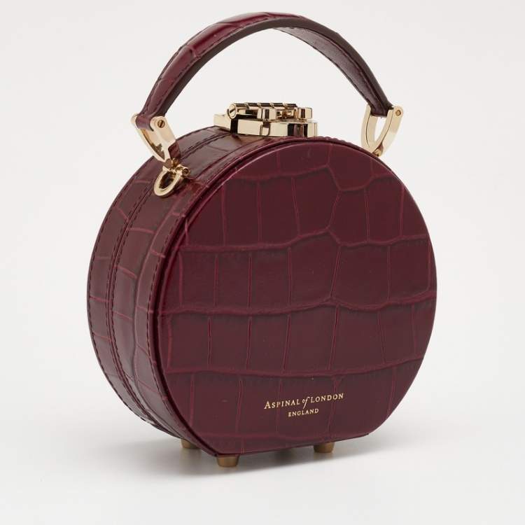 Pre Owned Aspinal Of London Burgundy Croc Embossed Leather Hat Box Shoulder Bag