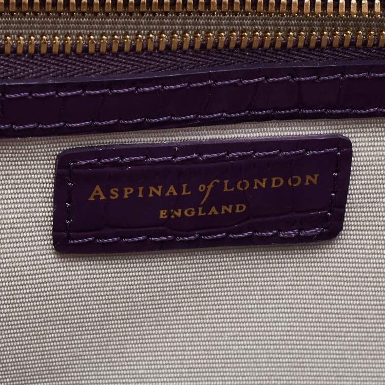 Pre Owned Aspinal of London Purple Croc Embossed Leather Mini Trunk Top Handle Bag