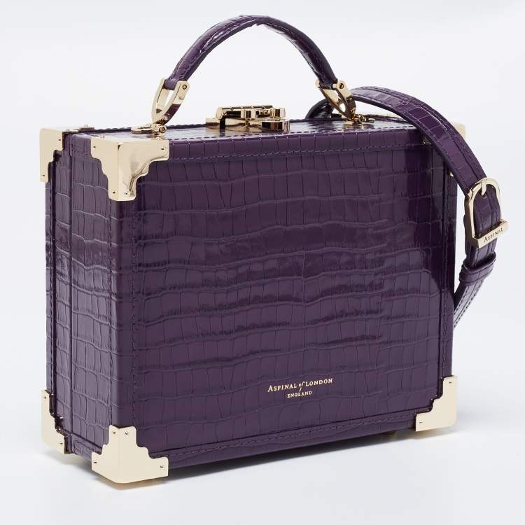 Pre Owned Aspinal of London Purple Croc Embossed Leather Mini Trunk Top Handle Bag