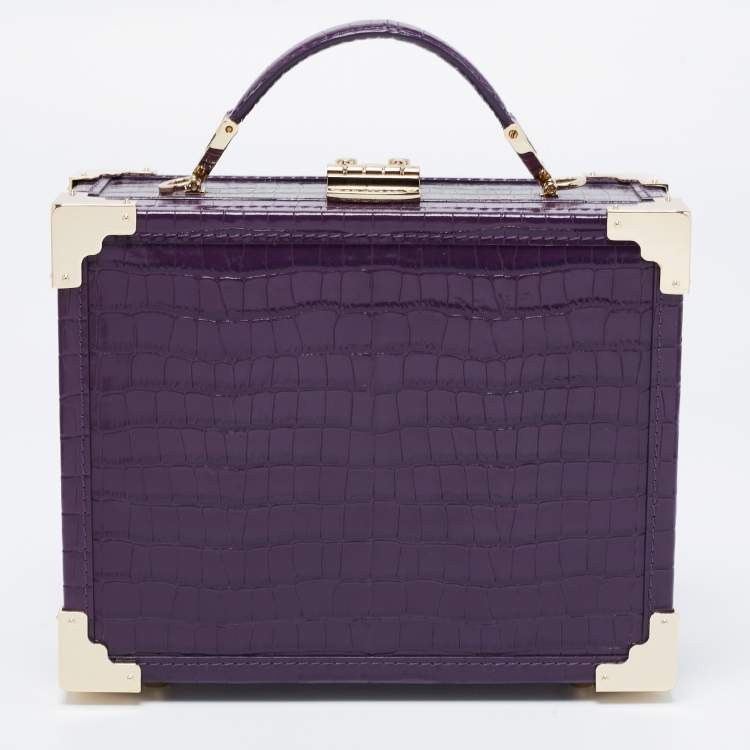Pre Owned Aspinal of London Purple Croc Embossed Leather Mini Trunk Top Handle Bag
