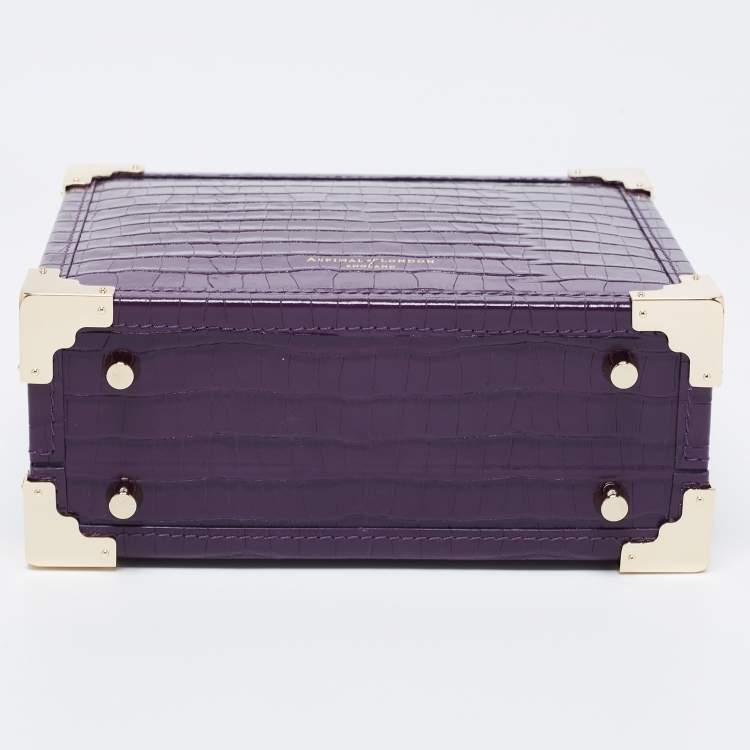 Pre Owned Aspinal of London Purple Croc Embossed Leather Mini Trunk Top Handle Bag