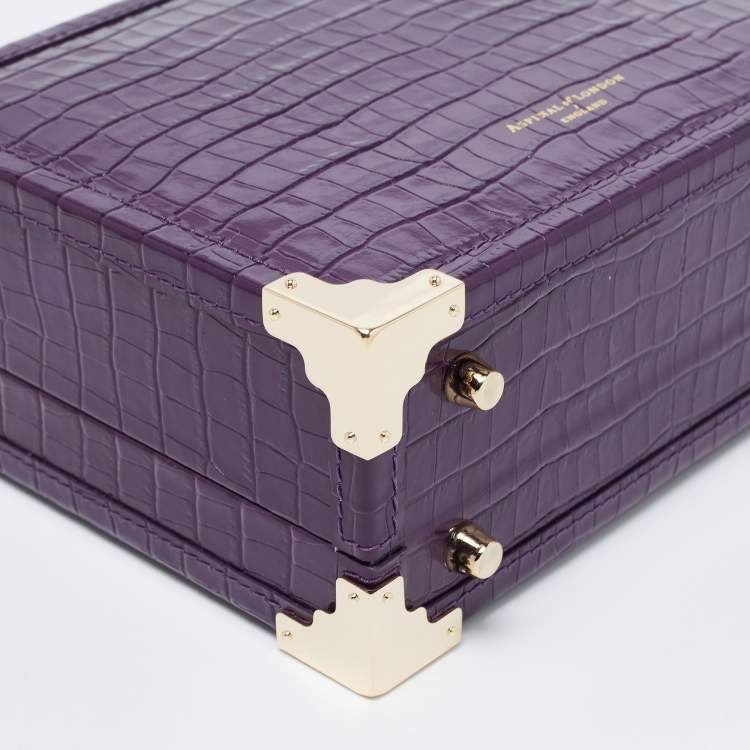 Pre Owned Aspinal of London Purple Croc Embossed Leather Mini Trunk Top Handle Bag