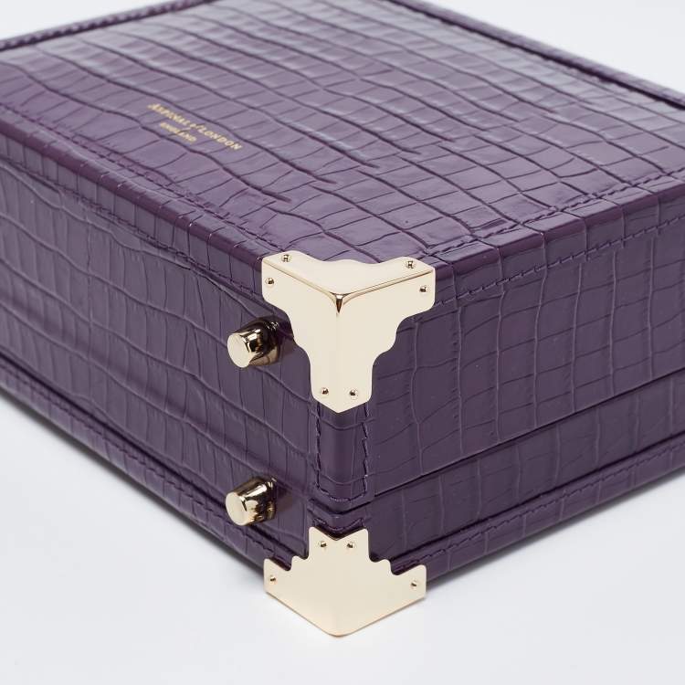 Pre Owned Aspinal of London Purple Croc Embossed Leather Mini Trunk Top Handle Bag