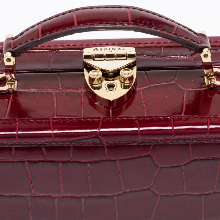 Pre Owned Aspinal Of London Burgundy Croc Embossed Leather Trunk Top Handle Bag