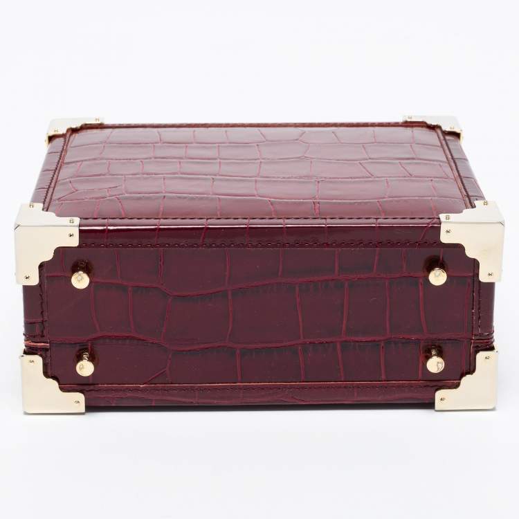 Pre Owned Aspinal Of London Burgundy Croc Embossed Leather Trunk Top Handle Bag