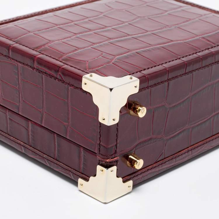 Pre Owned Aspinal Of London Burgundy Croc Embossed Leather Trunk Top Handle Bag