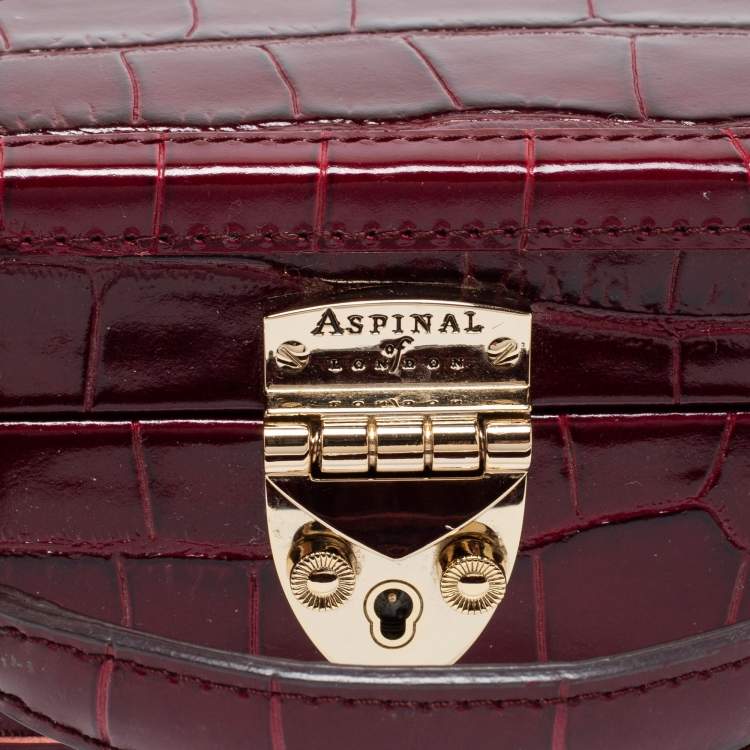 Pre Owned Aspinal Of London Burgundy Croc Embossed Leather Trunk Top Handle Bag