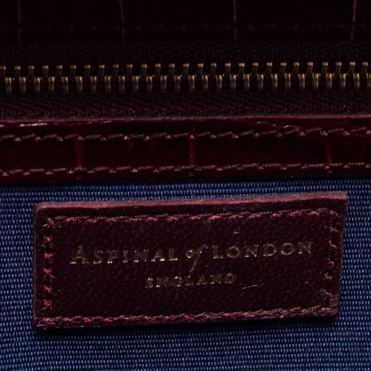 Pre Owned Aspinal Of London Burgundy Croc Embossed Leather Trunk Top Handle Bag