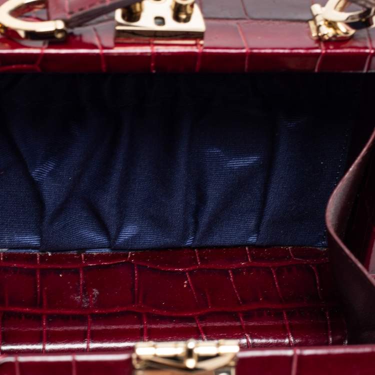 Pre Owned Aspinal Of London Burgundy Croc Embossed Leather Trunk Top Handle Bag