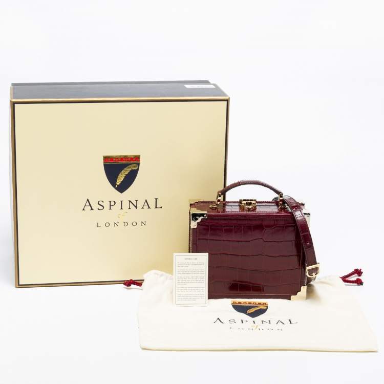 Pre Owned Aspinal Of London Burgundy Croc Embossed Leather Trunk Top Handle Bag
